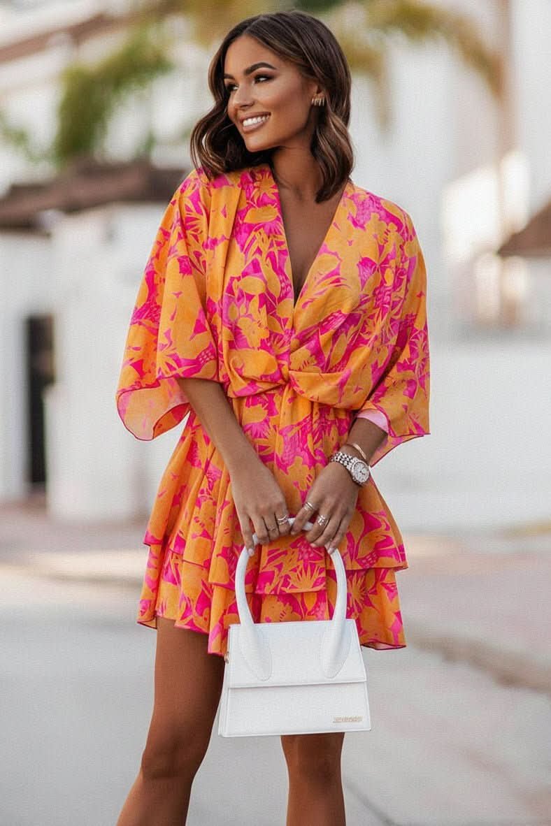 Valentina | Minivestido de cóctel con estampado tropical para mujer con falda escalonada 0
