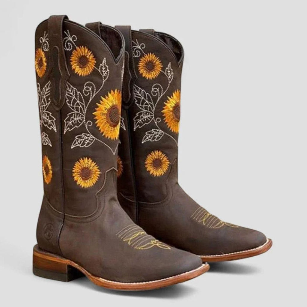 Botas camperas de mujer con bordado de girasoles y punta cuadrada, vista lateral