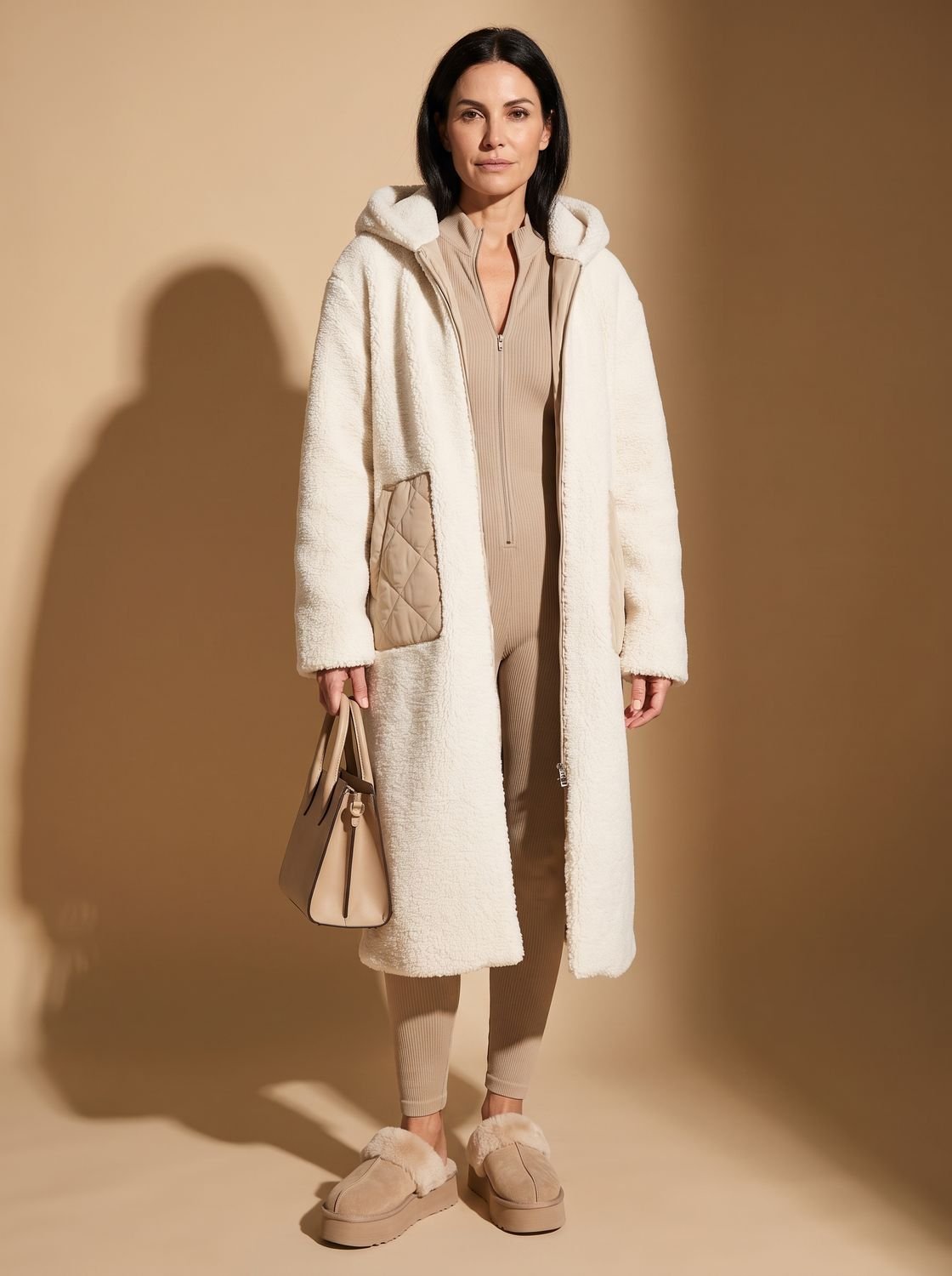 Mujer luciendo el abrigo puffer reversible en un entorno urbano de invierno