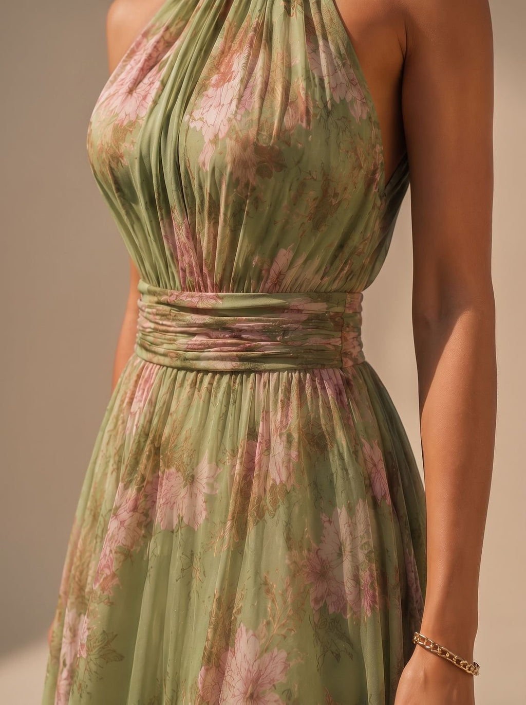 Vestido boho de cuello halter visto de espaldas mostrando el diseño abierto