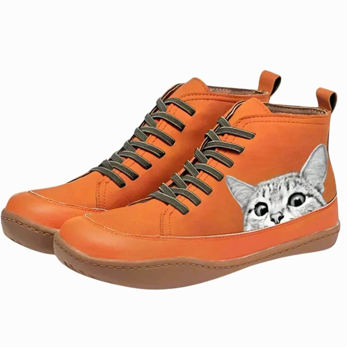 Botines de mujer con estampado de gato y cordones color oliva