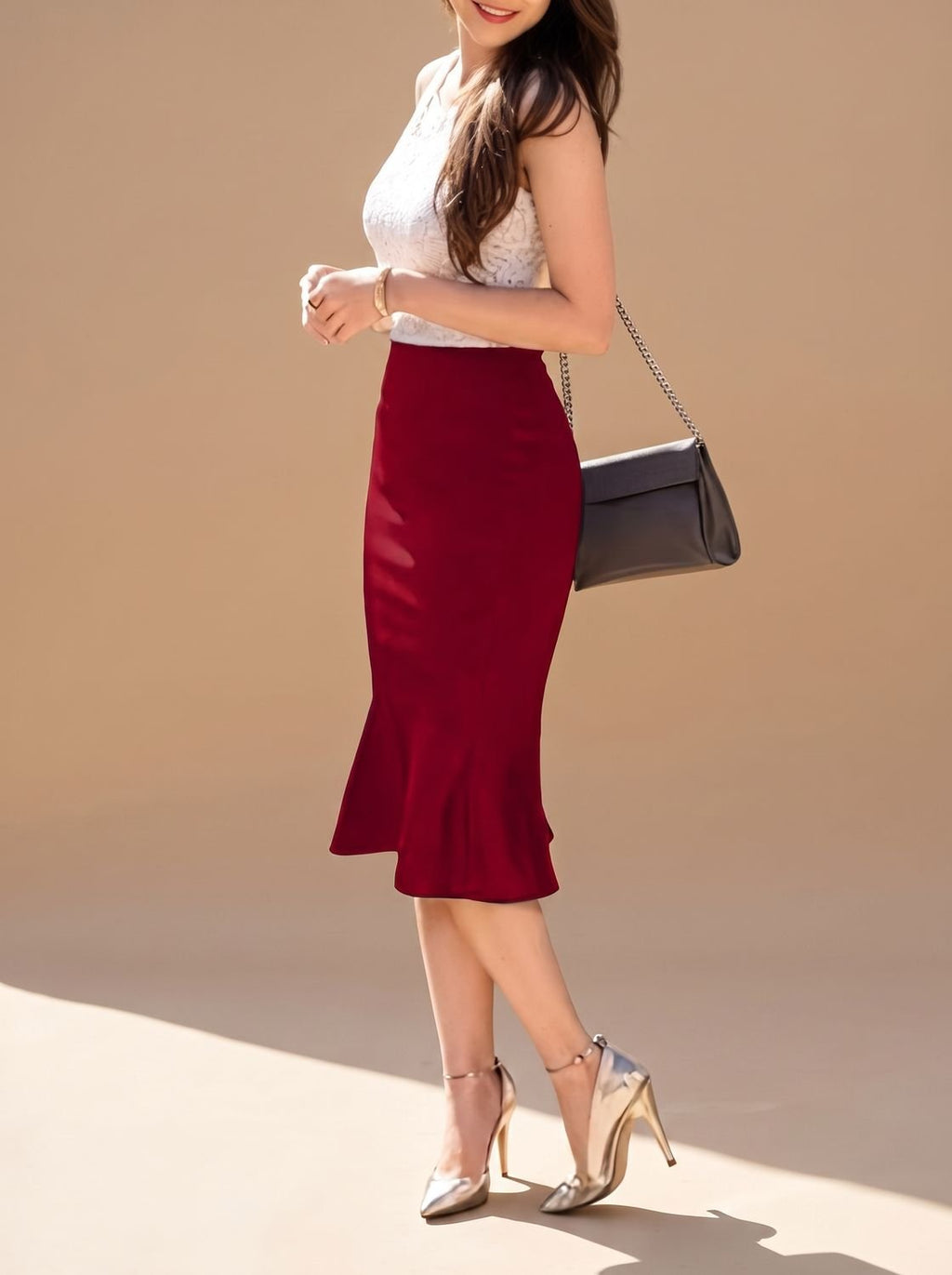 Falda midi tubo de talle alto Aurelia con bajo fishtail para mujer