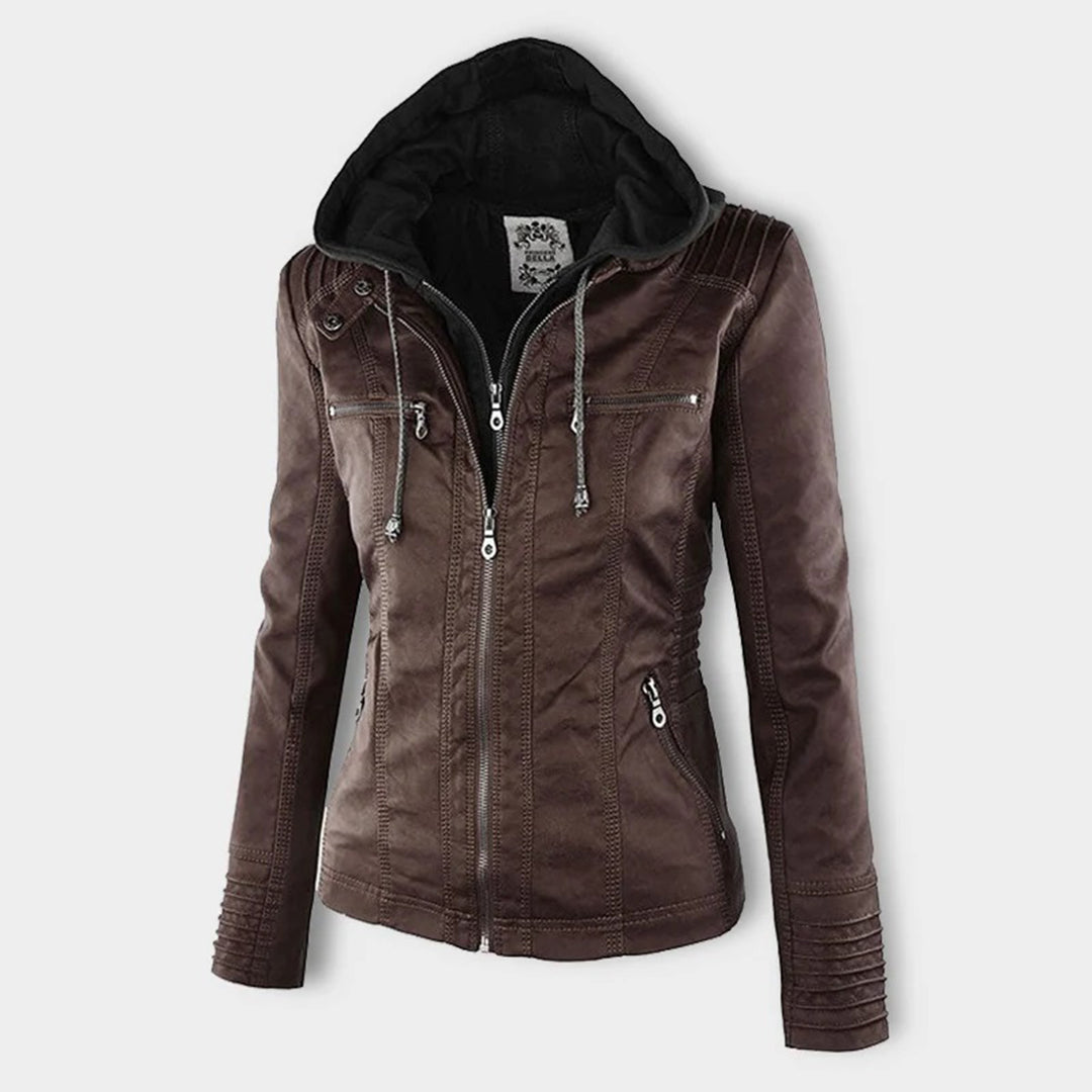 Cierre y detalles de la chaqueta de cuero impermeable Nerea