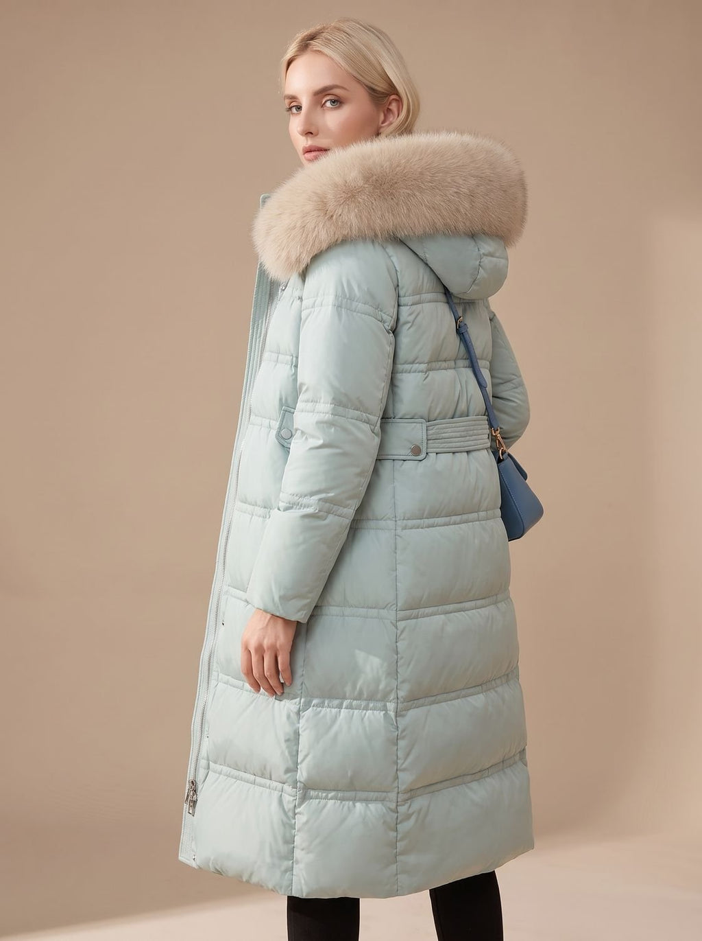 Vista lateral de la parka larga acolchada para mujer